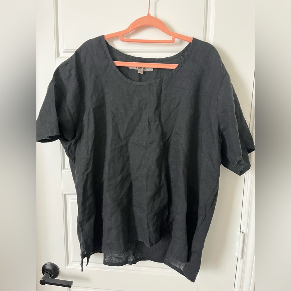 NWOT Flax Black Short Sleeve Shirt 100% Linen Boxy